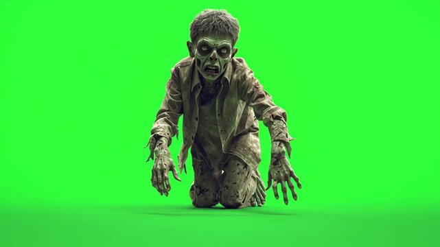 A zombie crawling on all fours with a green screen background in a studio setting for compositing green screen halloween zombie video