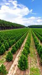 Rows of young pine trees in a plantation