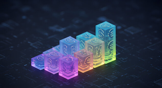 Global Currency Exchange Rates Chart with Growing Investment and Financial Market: Futuristic Bar Graph Representation of Currency Performance