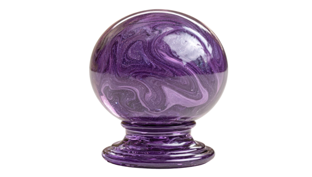 A deep purple, marbled glass sphere on a pedestal