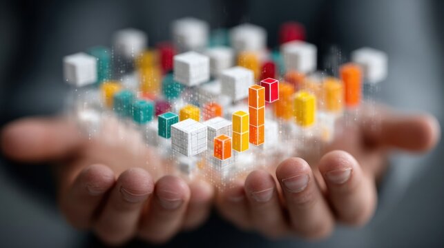 Person interacting with clean business tech interface featuring glowing white cubes displaying colorful charts