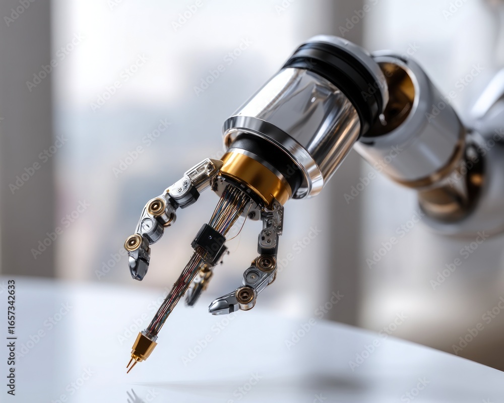 Poster close-up of a robotic arm with a precision grip.