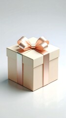 A pale beige square gift box with a peach satin ribbon and bow