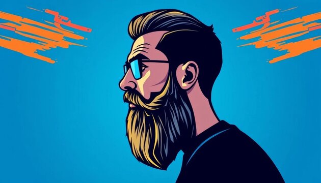 Stylized bearded profile, blue background, vector art,  male,  stylish