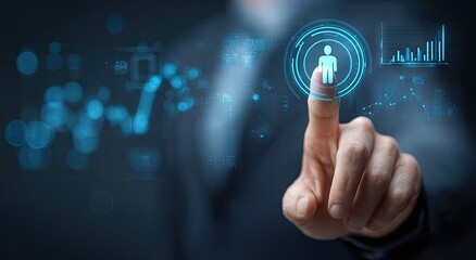 Person selecting digital profile data on a touchscreen