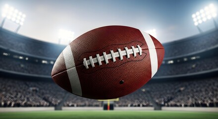 American Football Soaring Through Stadium Lights: Dynamic Action Shot of a Game in Progress