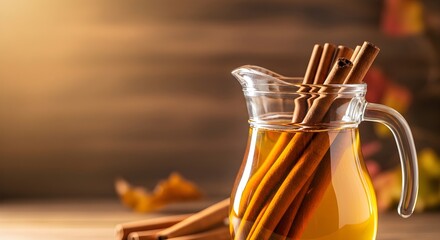 Warm cinnamon-infused drink in a glass pitcher, a cozy and inviting autumn beverage, perfect for fall, close-up.