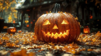 Illuminated jack-o'-lantern on autumn leaves