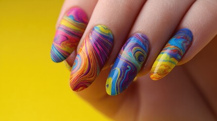Vibrant, marbled nail art on woman's hand