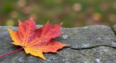 Vibrant red and yellow maple leaf, adorned with glistening water droplets, rests on a textured stone wall, creating a serene autumn scene ideal for seasonal promotions and nature-themed designs.