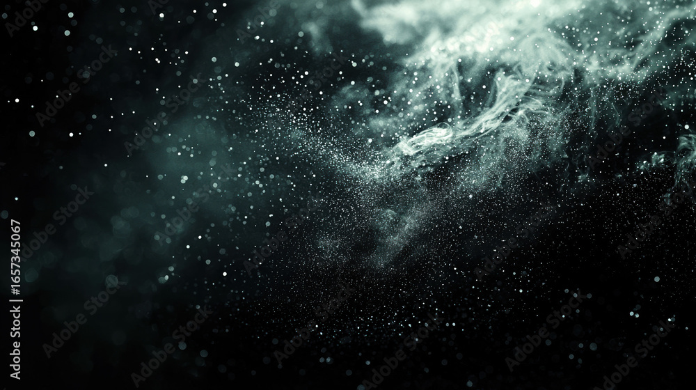 Wall mural a dark black background with particles or elements randomly drifting in space.