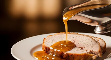 Close-up of savory roasted turkey slices being generously drizzled with rich golden gravy from a silver gravy boat, perfect for a festive holiday meal.