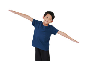 Portrait of Asian boy stands with arms spread out and lean to right against white background.