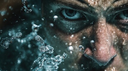 A powerful close-up shot of a swimmer face breaking the surface of the water to breathe. Water droplets are flying, and the expression is one of intense focus.