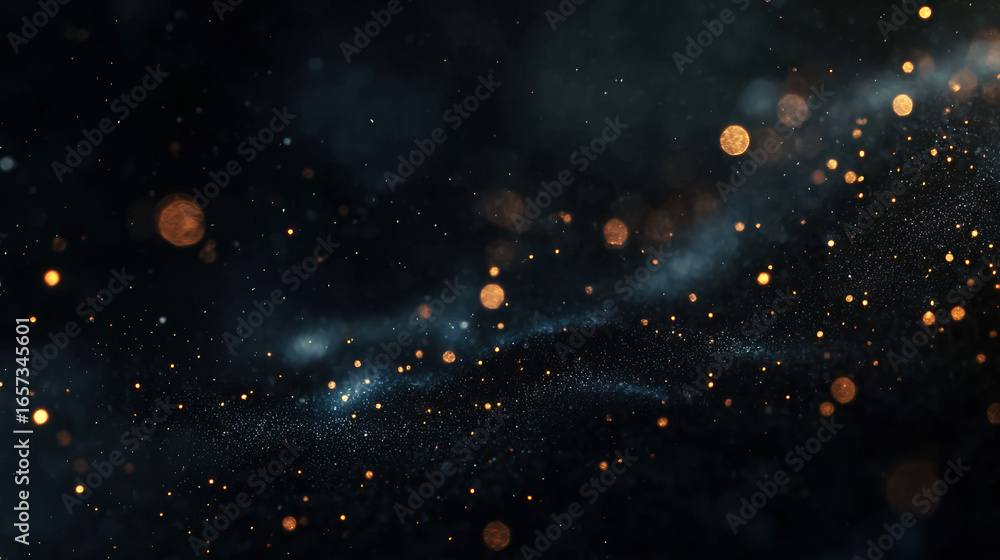 Wall mural a dark black background with particles or elements randomly drifting in space.