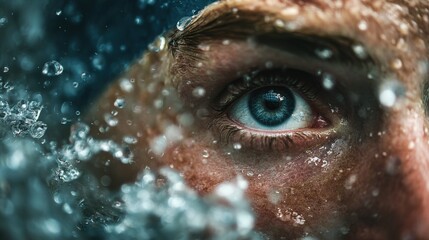 A powerful close-up shot of a swimmer face breaking the surface of the water to breathe. Water droplets are flying, and the expression is one of intense focus.