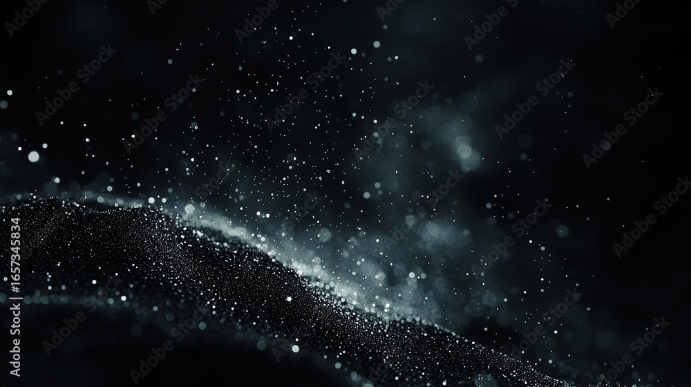 Wall mural a dark black background with particles or elements randomly drifting in space.