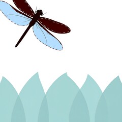 Dragonfly in flight over stylized aquatic plants