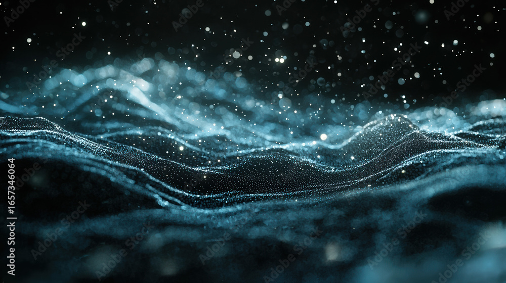 Sticker a dark black background with particles or elements randomly drifting in space.