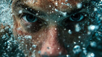 A powerful close-up shot of a swimmer face breaking the surface of the water to breathe. Water droplets are flying, and the expression is one of intense focus.