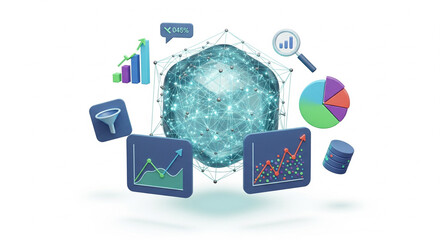 3D Data Analysis and Business Intelligence Concept with Charts and Graphs on Isolated transparent background