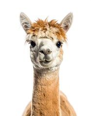 Close-up portrait of an alpaca against a white background
