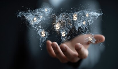 Global finance network visualized; person's hand holding a glowing world map with dollar signs interconnected by lines