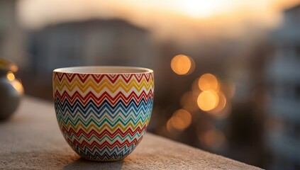 Colorful patterned mug sits on a ledge at sunset