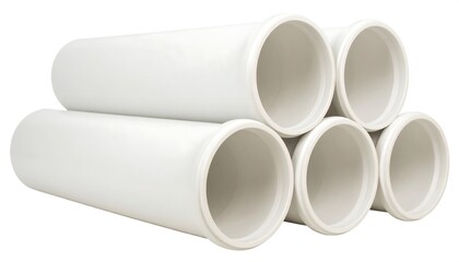 Four pristine white cylindrical pipes stacked neatly, isolated on a white background