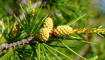 Close-up of a Larch tree branch with developing cones and green needles.