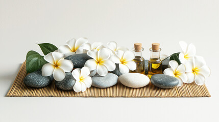 A luxurious spa scene with smooth stones, essential oils, and fresh flowers placed around a bamboo mat.