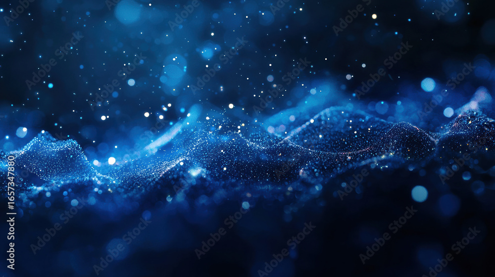 Wall mural a dark blue background with particles or elements randomly drifting in space.