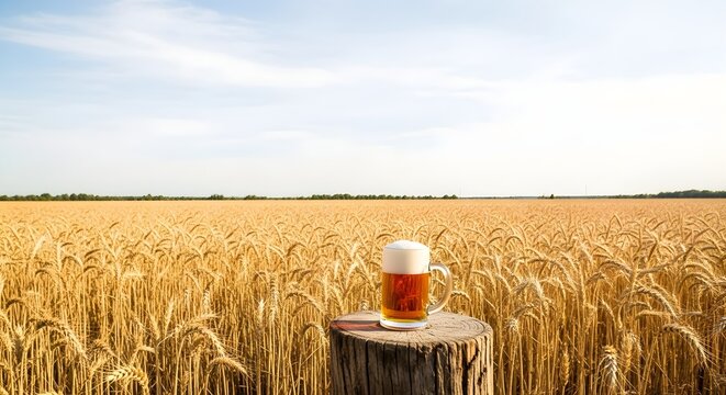 Refreshing glass of golden beer with frothy head sits on a weathered wooden post in a vast wheat field
