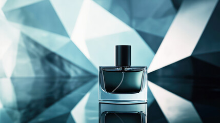 A perfume bottle placed on a black surface with striking, modern geometric shapes in the background.