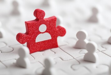 Close-up of a red puzzle piece with a white user icon, surrounded by blurred white puzzle pieces on a light