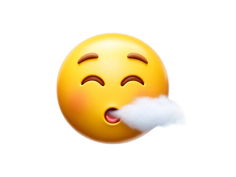 3D Render of a Relieved Face Emoji Exhaling a Puff of Smoke on Transparent Background, PNG
