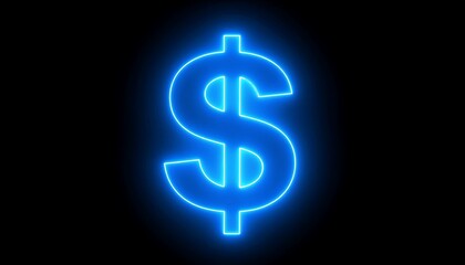 Glowing blue neon dollar sign on black background
