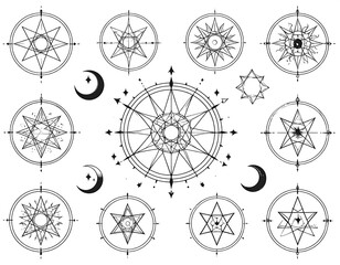 Collection of twelve geometric star and celestial designs, with two crescent moons