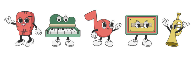 Retro Music Cartoon Characters with Instruments