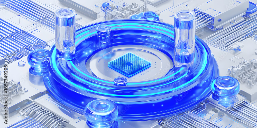 Aufkleber futuristic microchip design with blue illumination and circular components