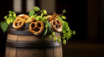 Traditional Bavarian pretzels and fresh hops artfully arranged on a rustic wooden beer barrel, perfect for Oktoberfest celebrations.