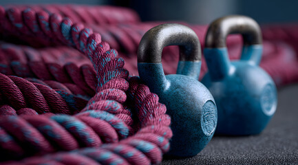 close-up of blue battle rope with kettlebells in a gym, light maroon and dark azure tones, blurred background with clean lines, fitness training concept for strength, endurance, and body conditioning