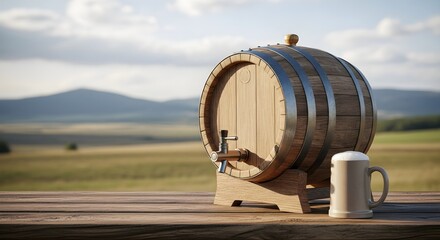 A rustic wooden beer barrel with a tap and a filled mug sits on a wooden table outdoors against a scenic landscape with a mountain.