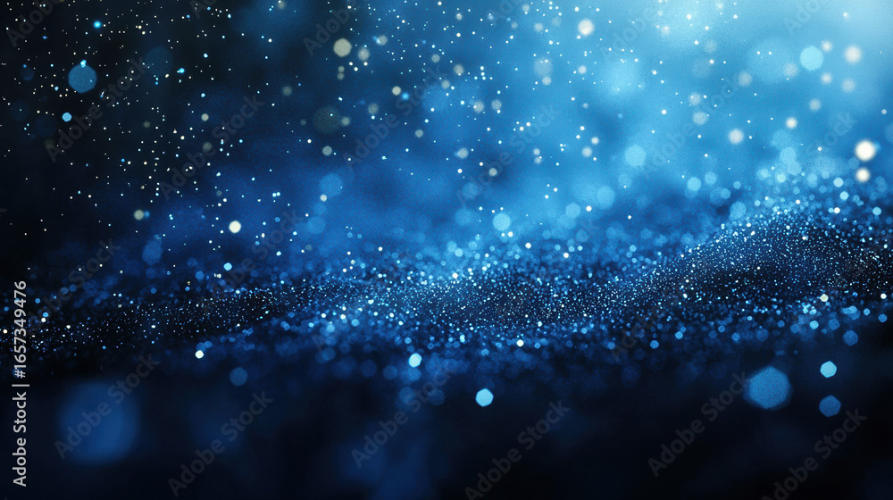 Wall mural a dark blue background with particles or elements randomly drifting in space.