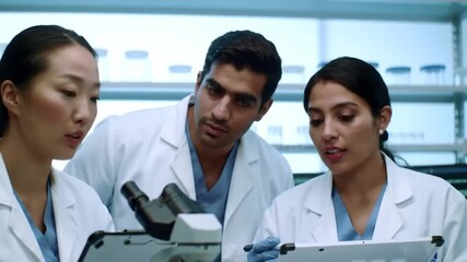 Diverse team of dedicated scientists in white lab coats collaborating closely in a modern research facility, analyzing data on a digital tablet with a microscope nearby.