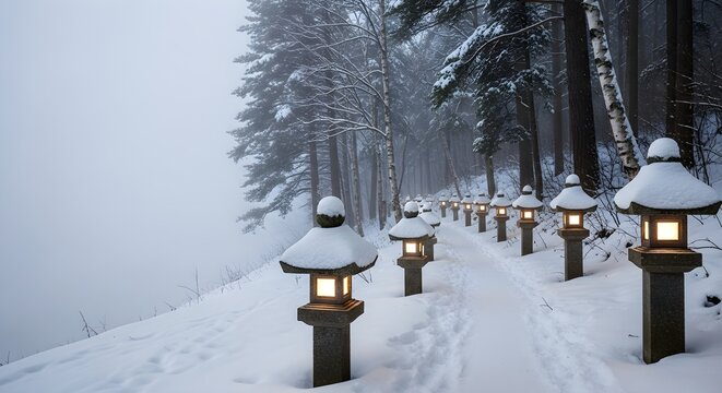 Snow-covered Japanese stone lanterns line a path through a serene winter forest on a foggy day. - Powered by Adobe