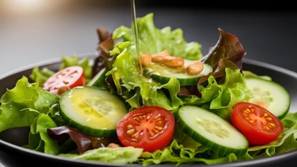 Fresh, vibrant salad featuring tomatoes, cucumbers, and lettuce being drizzled with dressing. - Powered by Adobe