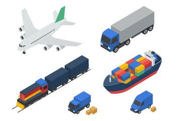 Isometric 3D Vector Illustration of Logistics Network Cargo Air Trucks Rail Ships On-Time Delivery White Background