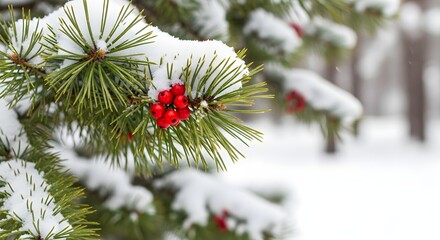 Snowy pine branches with red berries blurred high quality stock illustration for commercial use