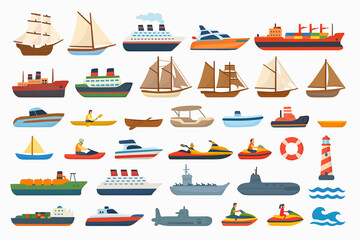 Maritime and Nautical Vessels 3D Isometric Vector Icons Set Ships Sailboats Yachts Cargo Tankers Ferries Submarines Harbor Dock Lighthouse White Background